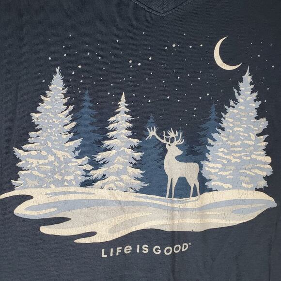 Life Is Good Womens Blue V-Neck Winter Night Scene Deer LS Crusher Tee Size XXL - Picture 4 of 6